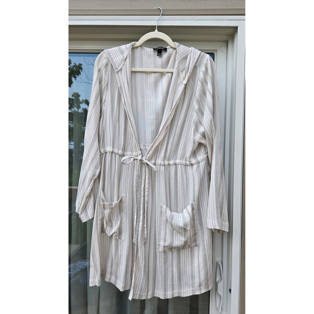 Torrid Striped Hooded Tie Waist Cardigan Wrap Neutral Cream Grey Size 1 (14/16)